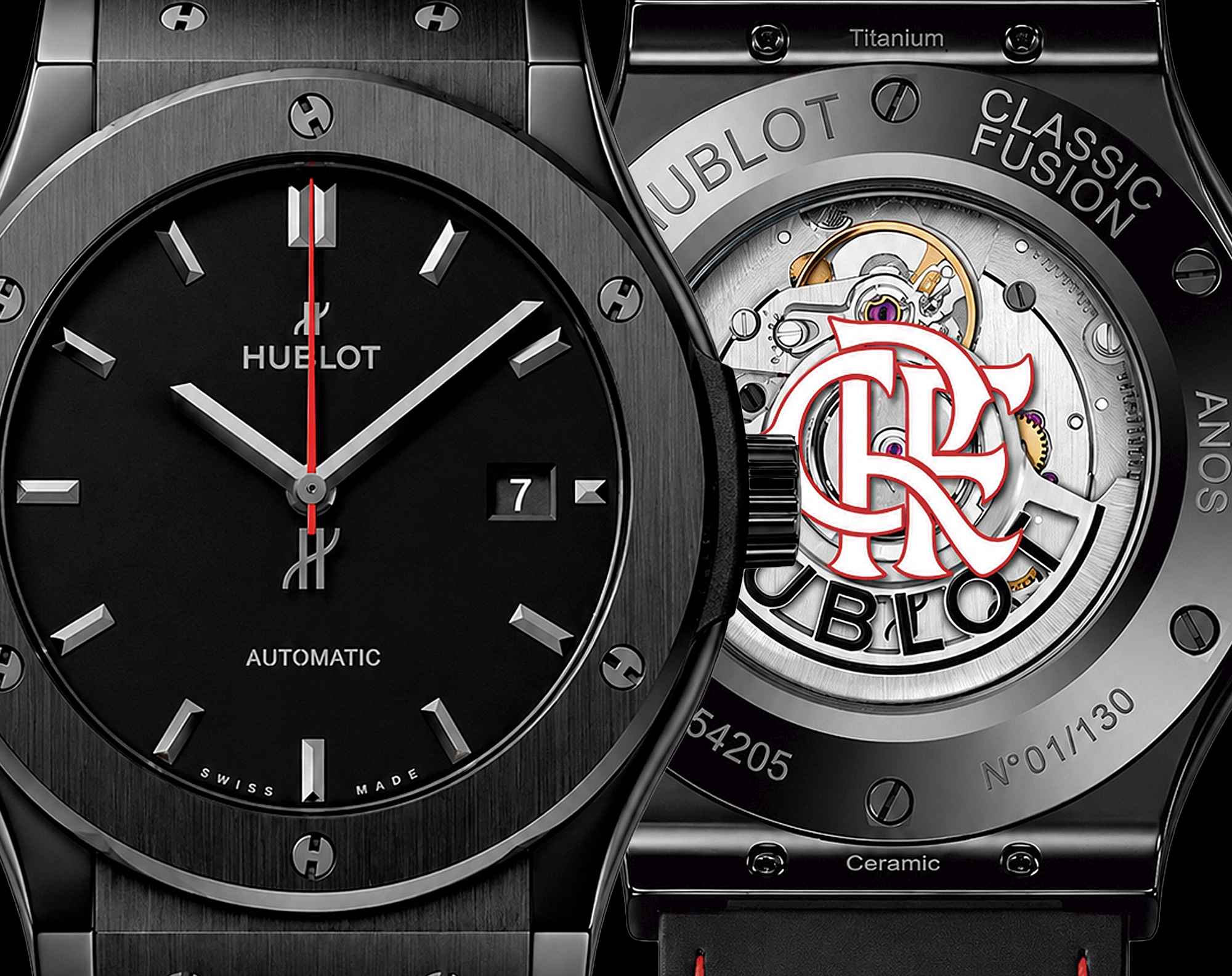 Rel&oacute;gio Hublot Classic Fusion Flamengo 42mm mostrando mostrador frontal e movimento autom&aacute;tico com escudo do Flamengo
