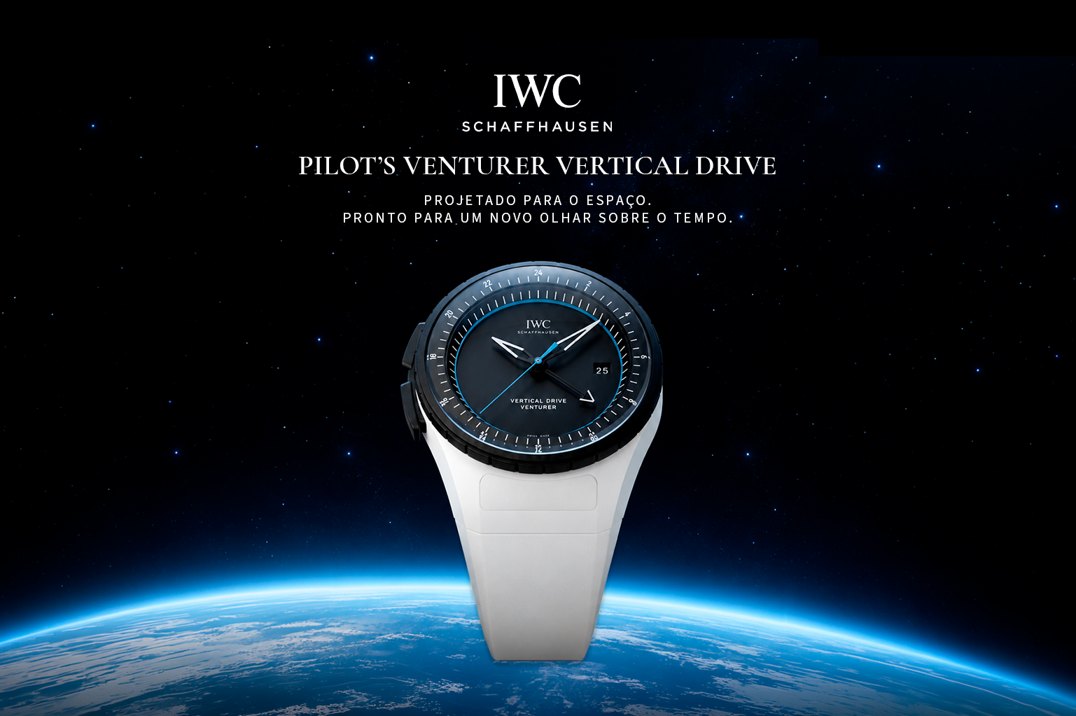 Relógio IWC Pilot’s Venturer Vertical Drive IW328601 em cerâmica branca, mostrador preto e luneta em Ceratanium, desenvolvido para missões espaciais.